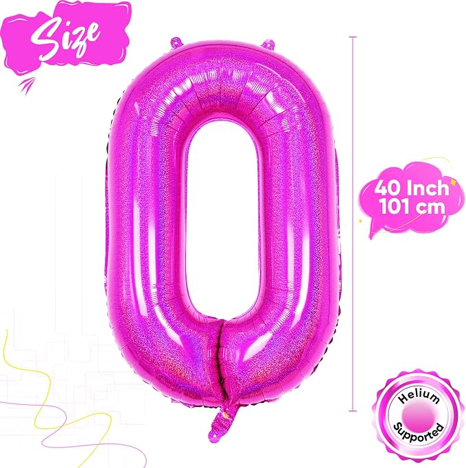 Hot Pink 0 Balloon, 40 Inch Large Laser Hot Pink Foil Helium Number Balloons 0-9 - Image 2