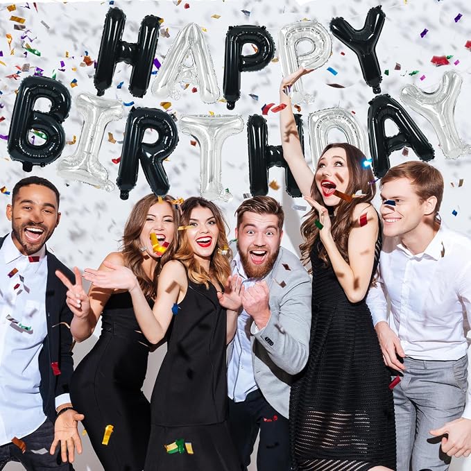 TONIFUL 16 Inch Black Silver Happy Birthday Balloon Banner Decor - Image 3