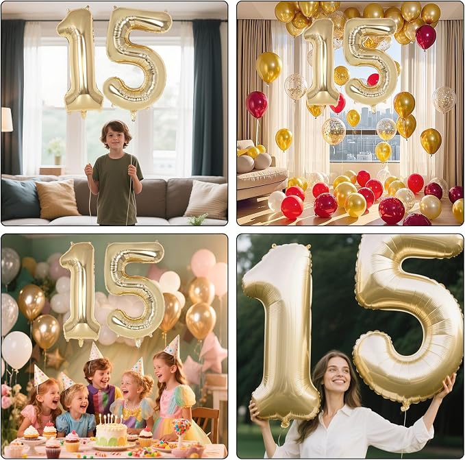 Champagne Gold Large Number 15 Balloon, 40 Inch Light Gold Foil Helium Number - Image 7
