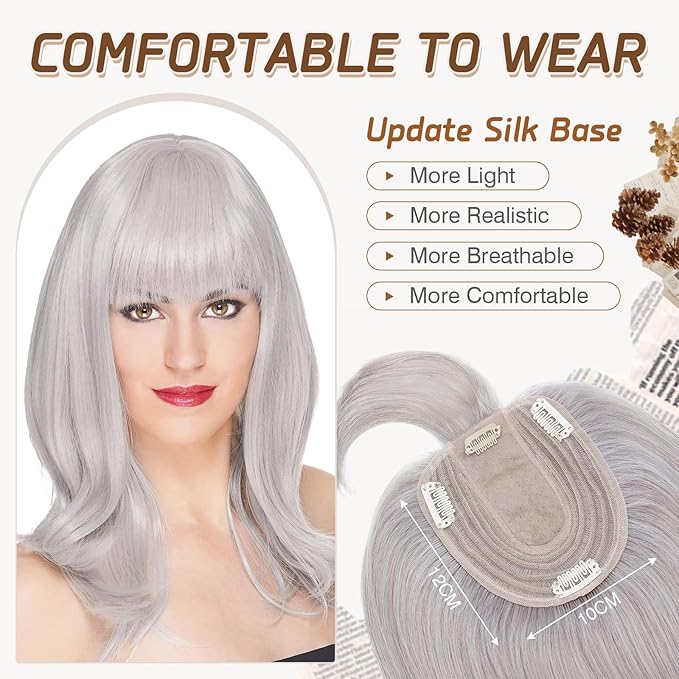 Rich Choices Real Human Hair Toppers for Women With Bang 100% Remy Human Hair Topper for Thinning Hair Clip in Silk Base Hair Topper 10 Inch GREY