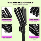 Trademark Beauty Three Barrel Hair Waver, Curling Iron, 1.1 Inch, Beach Waves, Adjustable Temperature Hair Curler, Babe Waves Limited Edition - Black