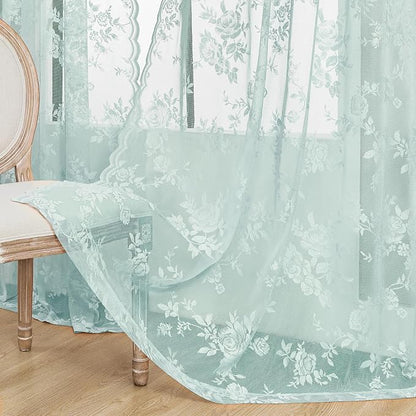 Pastel Teal Lace Curtains 96 Inches Long Aqua Floral Curtains - Image 5
