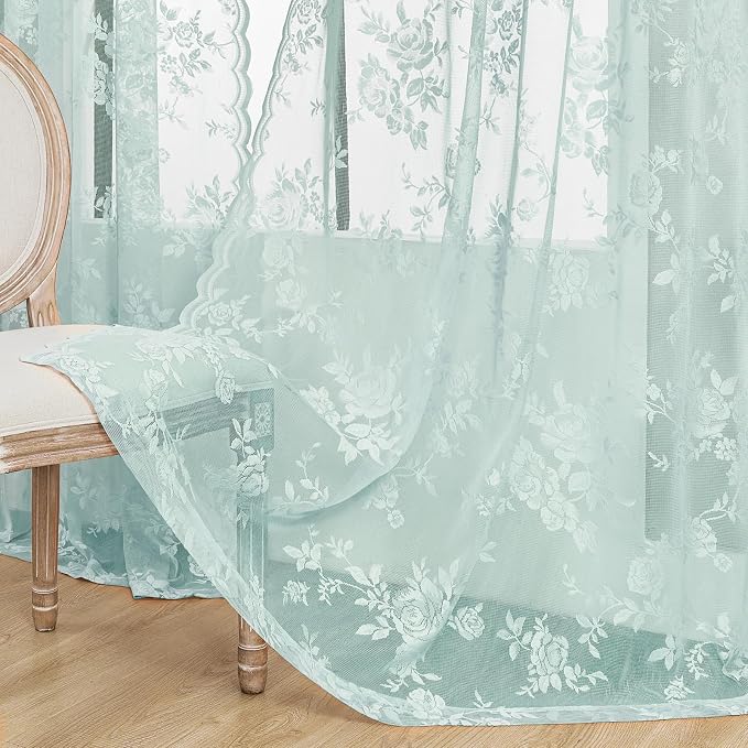 Pastel Turquoise Lace Curtains 63 Inch Length 2 Panels Aqua Floral Sheer - Image 5