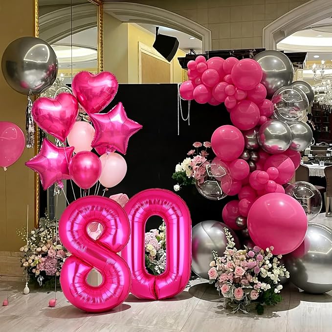 40 Inch Number Balloon Hot Pink 80 Set Pink Theme 80th Birthday Decor 10Pcs | - Image 5