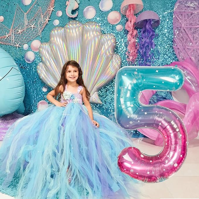 Mermaid Starry 5 Balloons, 40 Inch Giant Teal Blue Purple Mylar Foil Number 0-9 - Image 5