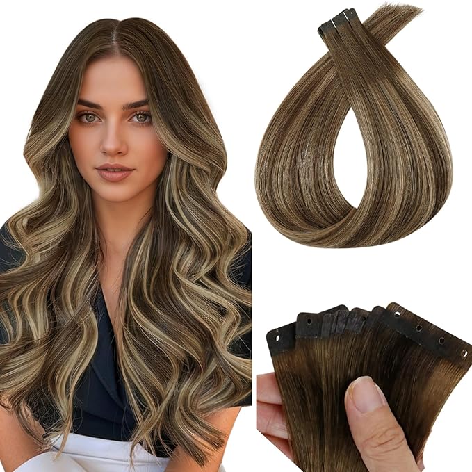 Full Shine Tape in Hair Extensions Human Hair Color 4 Medium Brown to 24 Blonde and 4 Medium Brown No Glue No Clips Tape in Balayage Extensions 20Pcs 30G Tape Extensions Human Hair 12Inch