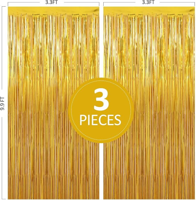 Birthday Party Decorations: 3 Pack 3.3 x 9.9 ft Gold Foil Fringe Curtains Party - Image 2