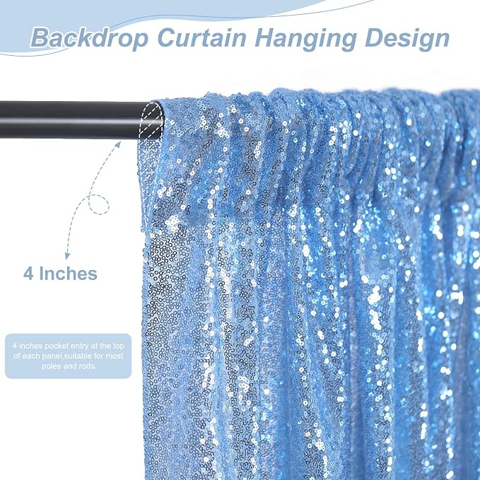 Light Blue Sequin Backdrop Curtains, 2 Panels 2FTx8FT Glitter Curtain Backdrop - Image 3