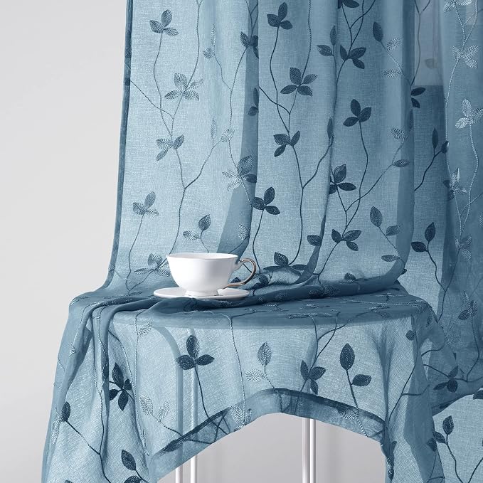 HOMEIDEAS Cyan Blue Sheer Curtains 2 Panels, Embroidered Vine Leaf, W52xL84 | - Image 7