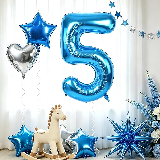 TONIFUL 5th Birthday Balloons Kit 40 Inch Blue Large Number 5 Foil Balloon | - Image 4
