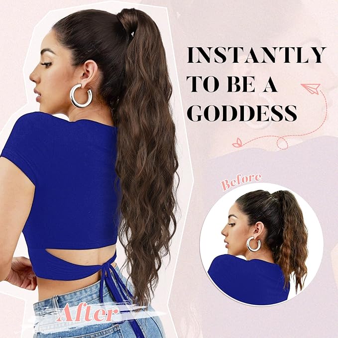 Flufymooz Ponytail Extension, Flexible Wrap Around Ponytail Extension Long Wavy Curly Ponytail Hair Extensions Natural pony tail Synthetic Hairpiece for Women 32 Inch (Dark Blonde to Light Blonde)