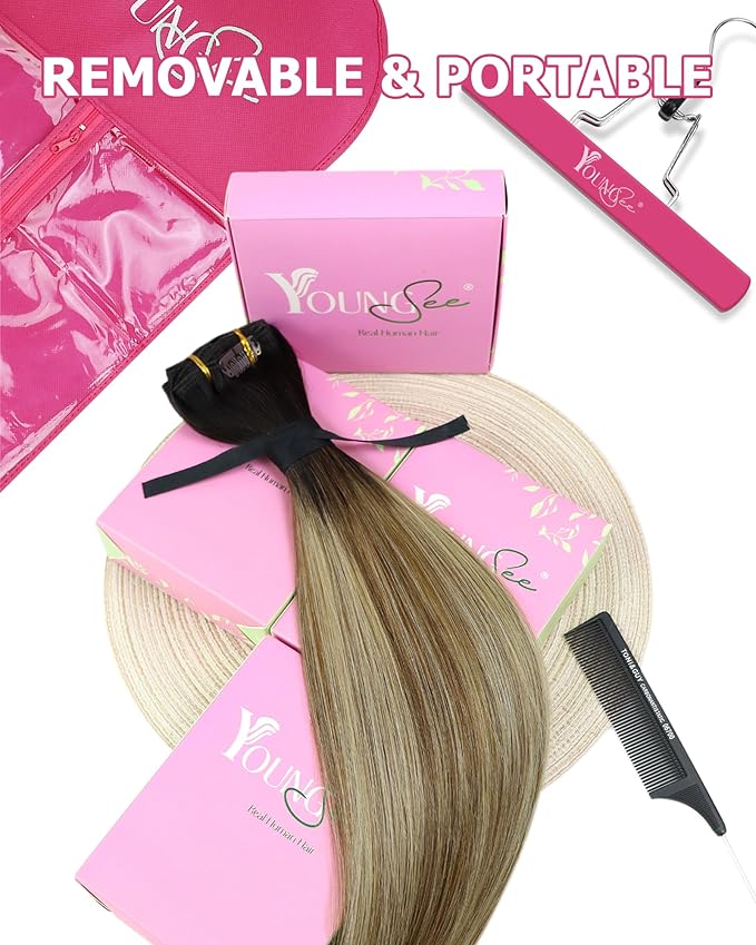 YoungSee 150g Balayage Clip in Hair Extensions Real Human Hair Dark Brown to Medium Brown with Warm Blonde Clip on Hair Extensions for Women Clip in Ombre Hair Extensions 22inch 7pcs