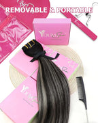 YoungSee Clip in Human Hair Extensions Natural Black Mix Grey Balayage Clip on Hair Extensions for Women Black Ombre Hair Extension Clip ins Silky Straight Hair 20inch 120g