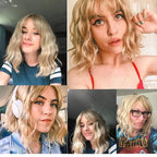 FAELBATY Blond Wig Short Bob Wigs With Air Bangs Shoulder Length Women's Wig Curly Wavy Synthetic Cosplay Wig for Girl Costume Wigs Mix Khaki Blonde Gold Color