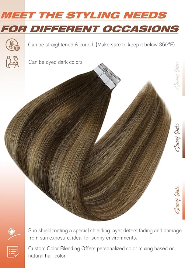 Sunny Hair Tape in Extensions for Women Real Hair 12 inch 60g Tape in Hair Extensions Human Hair Dark Brown Balayage Caramel Blonde Hair Extensions Tape in 40Pcs