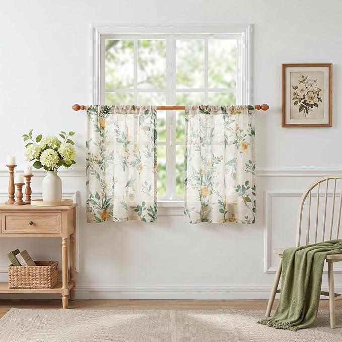 MYSKY HOME Floral Kitchen Curtains 36 Inches Linen Tier Curtains Farmhouse - Image 8