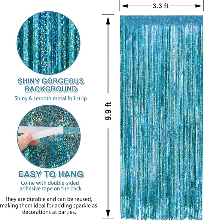 7 Pack 3.3 x 9.9 ft Holographic Blue Tinsel Streamers Party Decorations | Foil - Image 2