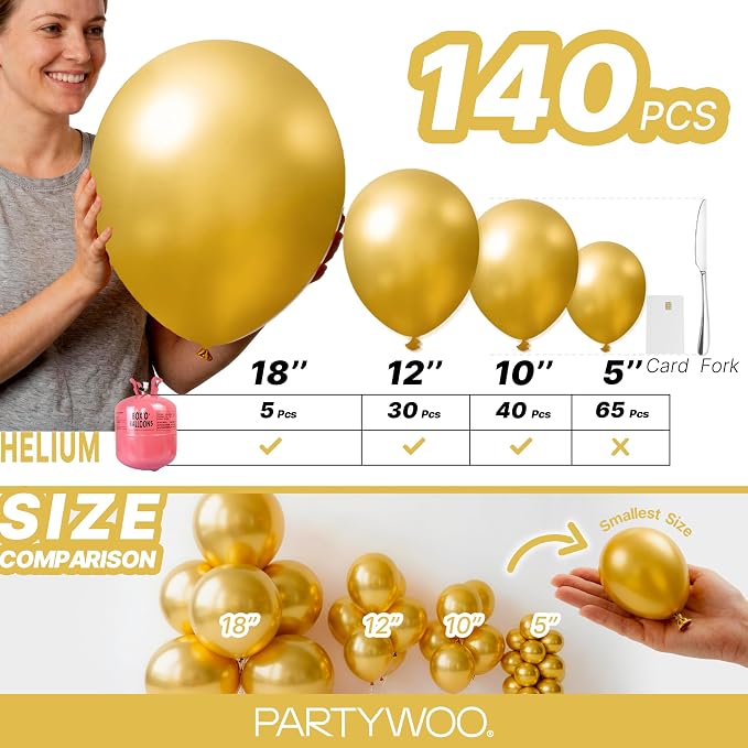 PartyWoo Gold Balloons 140pcs Different Sizes of 18 12 10 5 Inch | Balloons - Image 6