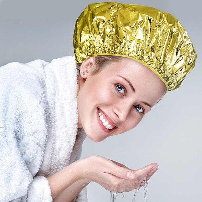 12 Pieces Deep Conditioning Caps Aluminum Foil Reusable Hair Processing Hair Coloring Shower Caps for Home Salon Use(12 Inch,Golden, Silvery)