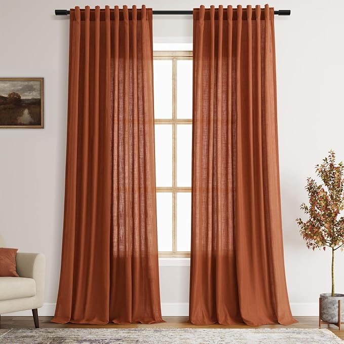 Rustic Farmhouse Linen Curtains 96 Inches Long 2 Panel Set Back Tab Terracotta by Nanspring