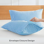 JELLYMONI 100% Natural Cotton Striped King Pillowcases Set, 2 Pack White and Blue Stripes Pattern Printed Pillow Covers with Envelope Closure(Pillows are not Included)