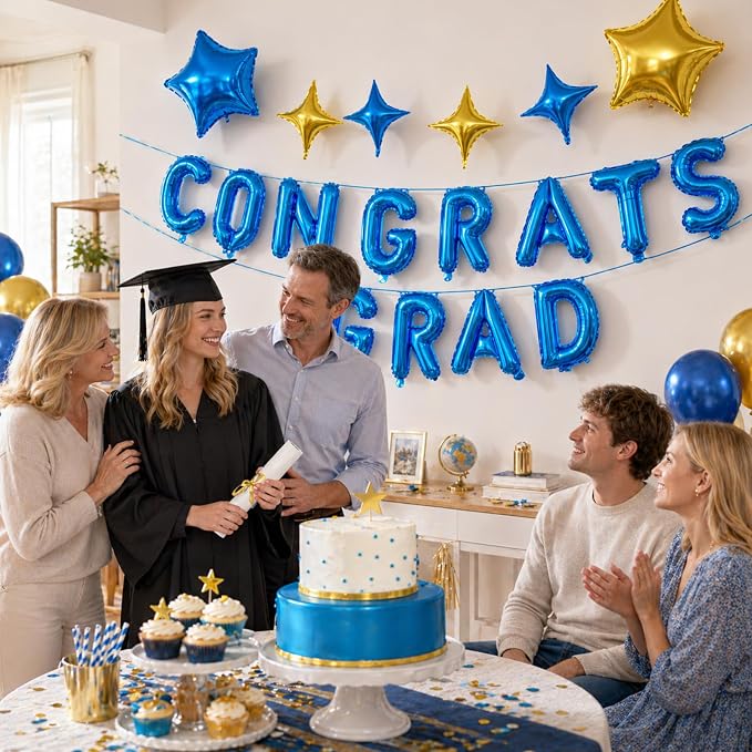 Congrats Grad Balloons, 16 Inch Blue Gold Congrats Grad Letters Banner Balloons - Image 3