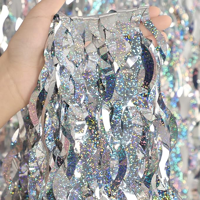 Silver Tinsel Backdrop- CYLMFC 3 Pack 3.3 ft x 6.6 ft Streamer Foil Fringe - Image 2