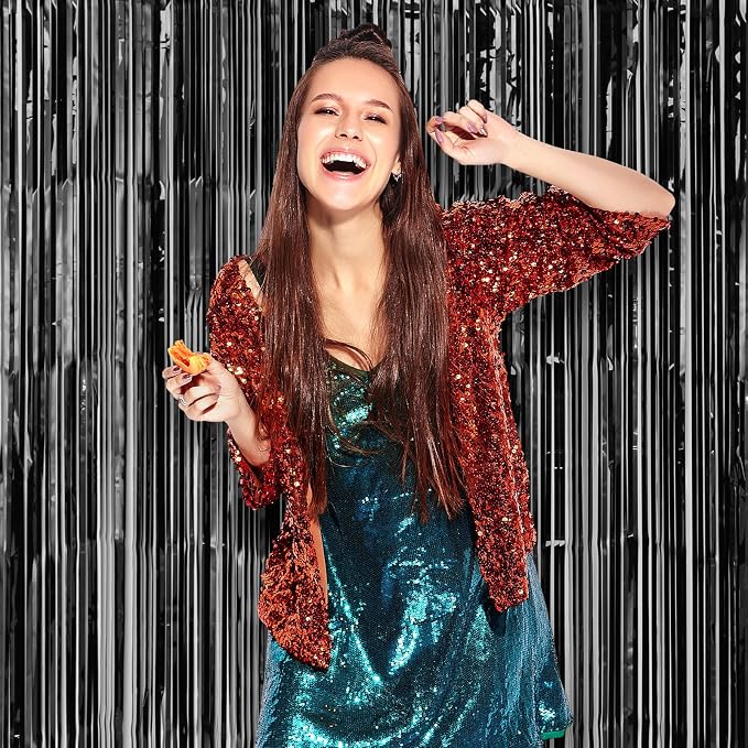 Voircoloria Laser Black Foil Fringe Backdrop Curtains, 3 Pack | Tinsel Streamers - Image 8