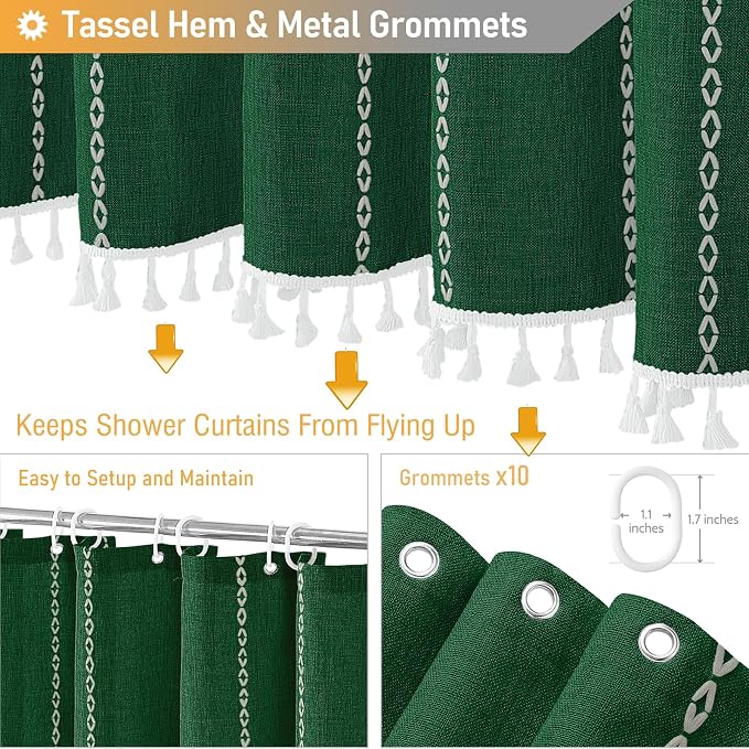 60x72 Boho Farmhouse Linen Heavy Duty Shower Curtain, Emerald Green | Narrow - Image 5