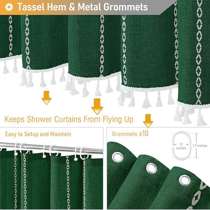60x72 Boho Farmhouse Linen Heavy Duty Shower Curtain, Emerald Green | Narrow - Image 5