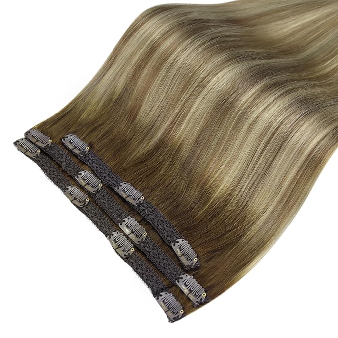 Full Shine Ombre Clip in Extensions Medium Brown to Ash Brown Mix Dirty Blonde 18 Inch Straight Clip in Hair Extensions Real Human Hair Invisible Lace Weft Clip ins Balayage Real Hair Extensions