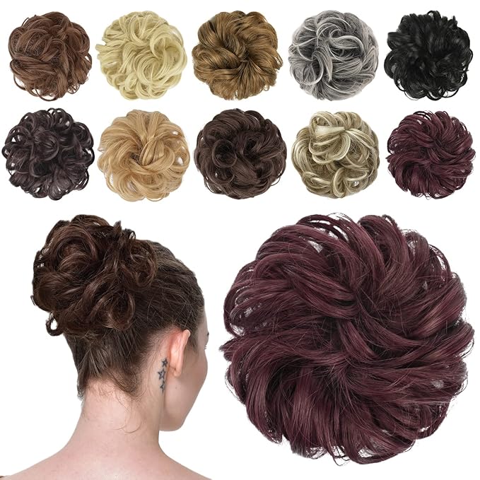 FESHFEN Messy Bun Hair Piece - Elastic Wavy Curly Hair Bun Scrunchies Extensions Synthetic Chignon Hairpieces for Women Girls, Wine Red 1.5 oz