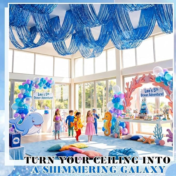 4 Pcs 15ft Blue Metallic Foil Ceiling Fringe Curtains, Party Decor Fringe Drapes - Image 6