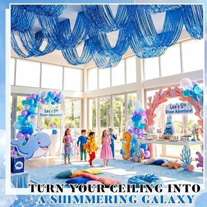 4 Pcs 15ft Blue Metallic Foil Ceiling Fringe Curtains, Party Decor Fringe Drapes - Image 6