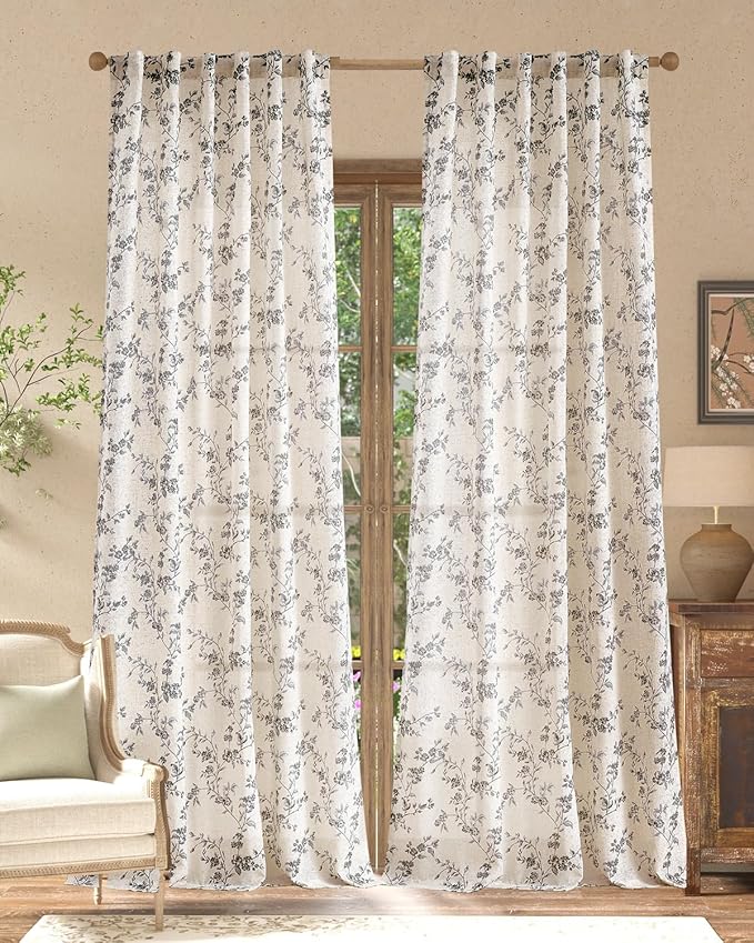 jinchan Black Floral Linen Curtains 96 Inch Farmhouse Back Tab 2 Panels | by JINCHAN