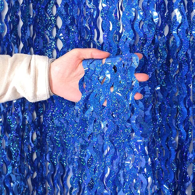 4 Pack 3.3 ft x 6.6 Wavy Sparkle Dark Blue Foil Fringe Backdrop Curtain by KEEUH