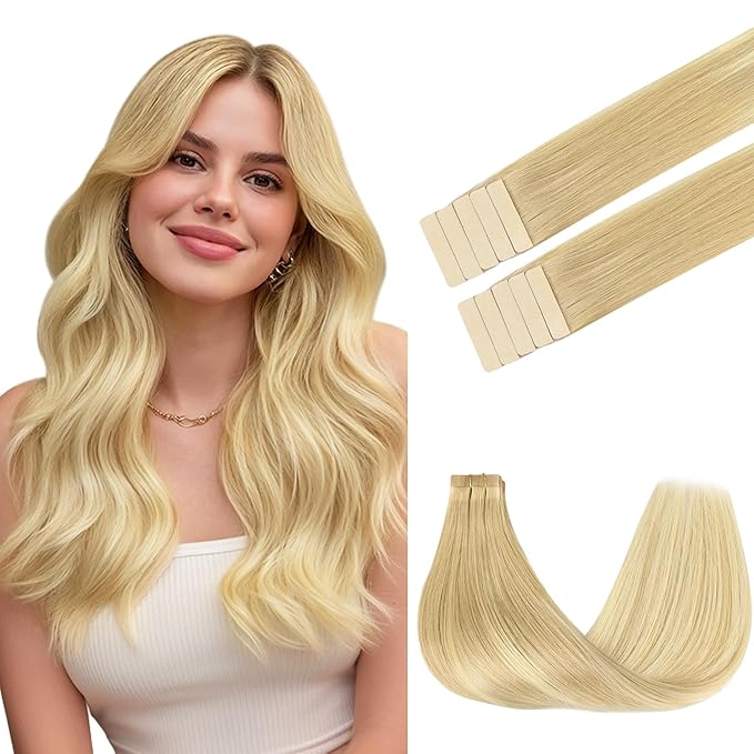 GOO GOO Tape in Hair Extensions Human Hair, 18AT60A Pearl Ash Blonde Highlights, 16inch 25g 10pcs, Skin Weft Seamless Invisible, Silky Straight with Thick Ends, Remy Human Hair