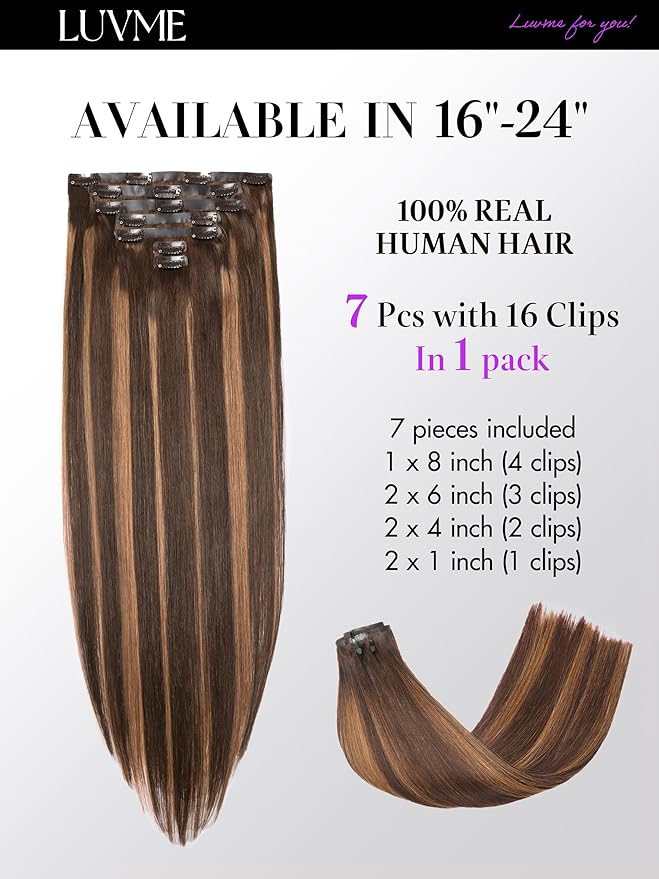 LUVME Straight Seamless 110g 7Pcs Clip in Hair Extensions Full Max with 24inch Remy Human Hair Extensions, Highlight Color 100% Real Soft