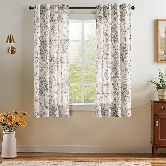jinchan Black Floral Linen Curtains 63 Inch Farmhouse Back Tab 2 Panels | Light by JINCHAN