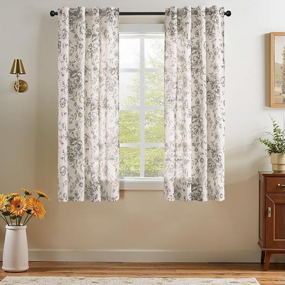 jinchan Black Floral Linen Curtains 63 Inch Farmhouse Back Tab 2 Panels | Light by JINCHAN