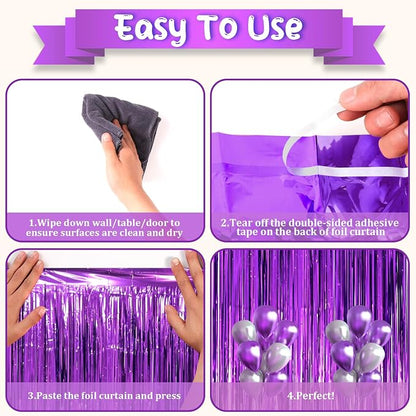 Voircoloria Purple Foil Fringe Backdrop Curtains, 2 Pack | Tinsel Streamers - Image 4