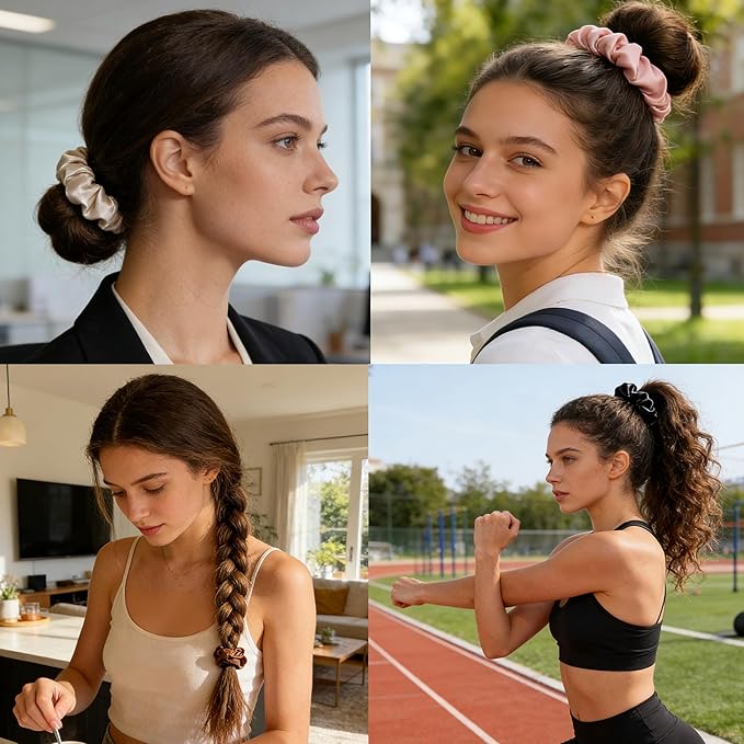 Satin Scrunchies for Women, 8 pcs No Crease No Slip Hair Ties, No Damage Elastic Hair Bands, Hair Styling Accessories, Hair Scrunchy for All Hair Types, Ponytail Holders for Thin & Thick Hair