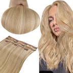 RUNATURE Blonde Clip in Hair Extensions, Human Hair Extensions Clip Ins, Remy Real Hair, Add Hair Length, Full Ends Clip in Extensions, Well Blended, 16 Inch 50g 3pcs #16P24 Golden Blonde Highlight