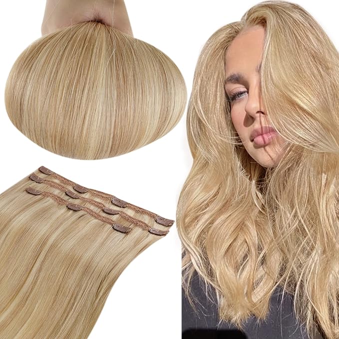 RUNATURE Blonde Clip in Hair Extensions, Human Hair Extensions Clip Ins, Remy Real Hair, Add Hair Length, Full Ends Clip in Extensions, Well Blended, 16 Inch 50g 3pcs #16P24 Golden Blonde Highlight