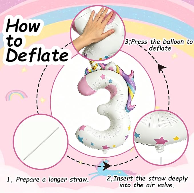 Unicorn Theme Number 3 Balloon, 40 Inch Foil Number Balloon - Image 3