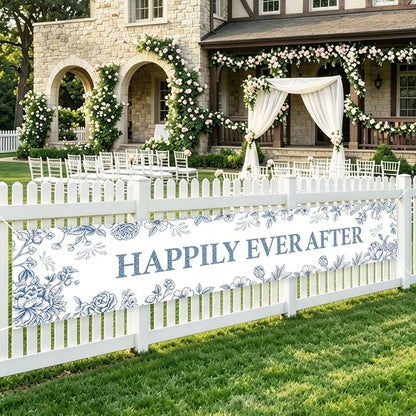 Happily Ever After Banner Blue Bridal Shower Decorations Wedding Banner | by WETDNGQI