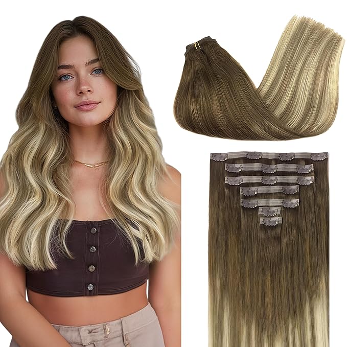 GOO GOO Clip in Hair Extensions Real Human Hair, Remy Human Hair Extensions Clip ins for Women, Natural Human Hair, 24inch 120g 7Pcs, 3/8/613 Balayage Walnut Brown to Ash Brown and Bleach Blonde