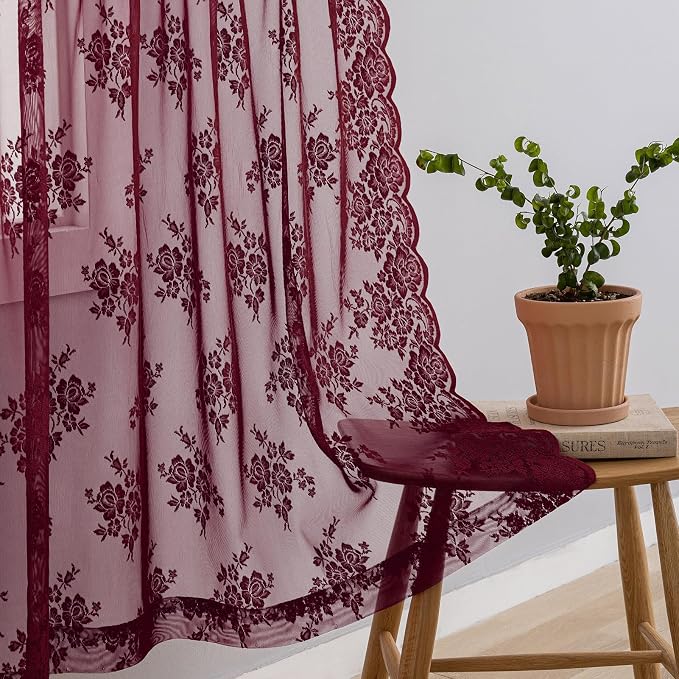 Kotile Short Burgundy Lace Curtains Rustic Floral W42 x L30 Inch, 2 Panels | - Image 6