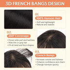 Benehair Clip in Bangs 100% Real Human Hair Extensions 360° Cover Clip on 3D Wispy Bangs for Women Topper Hairpieces for Women Natural Black