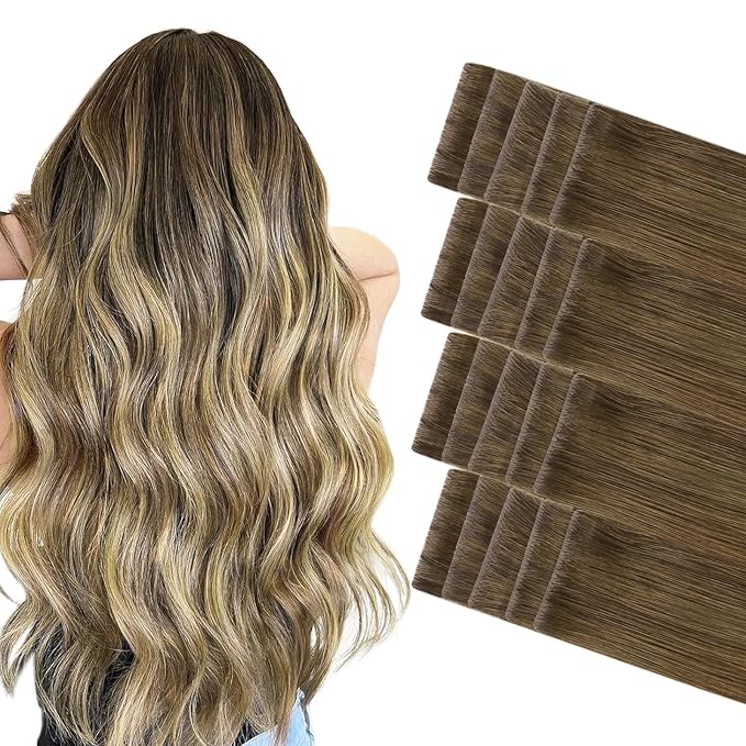 GOO GOO Invisi Edge Tape in Hair Extensions Human Hair, 3/8/613 Walnut Brown to Ash Brown and Bleach Blonde 20pcs 18inch 50g, Virgin Remy Hair, Seamless Injected Tape, Natural Look